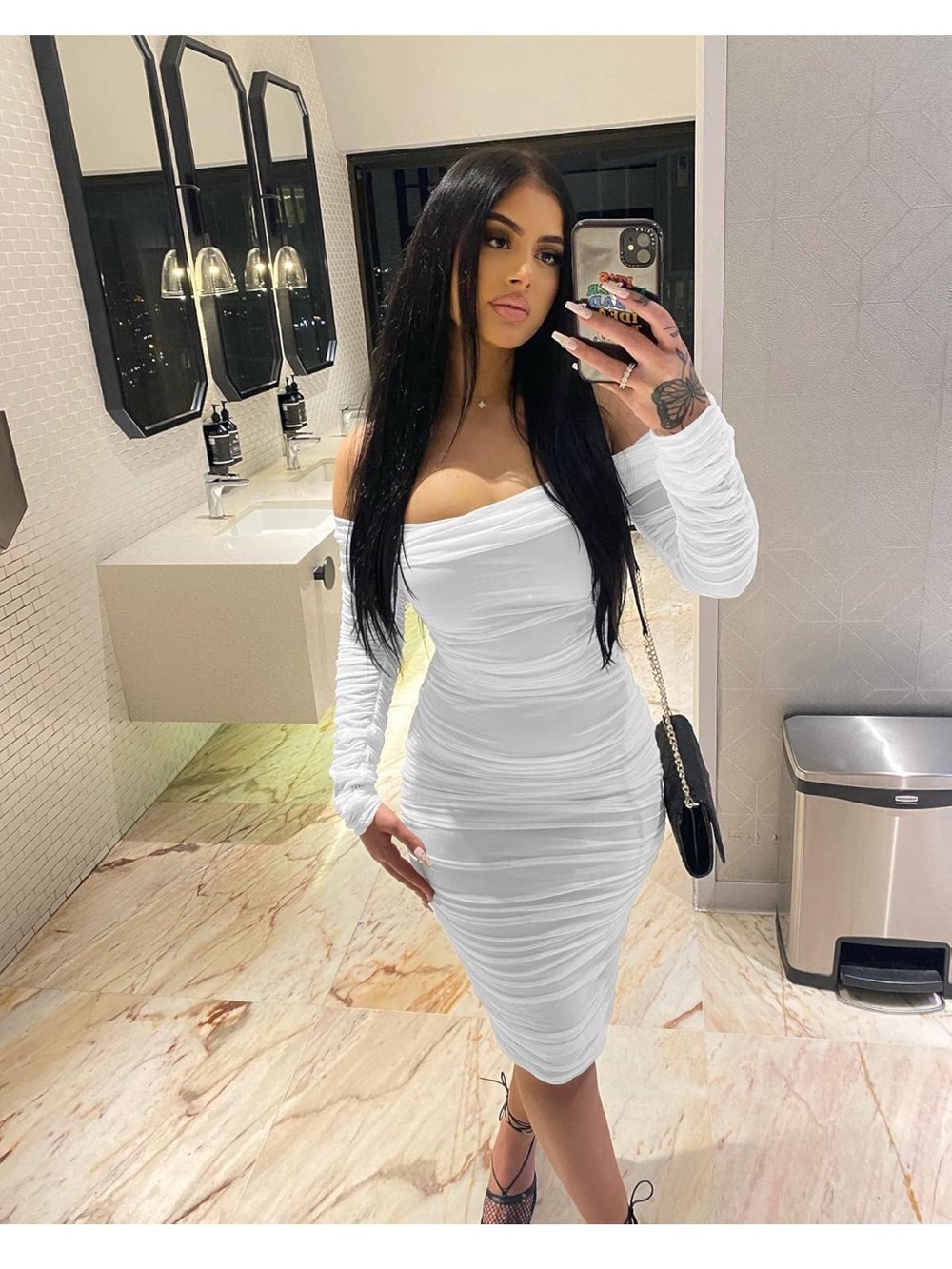 NWOT Off-Shoulder Ruched Bodycon Dress in White Bride/Bachelorette - Picture 4 of 5